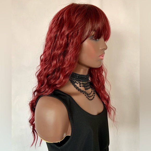 A Pretty Plum Burgundy Premium Fiber Wig with Bangs for Daily Wear or Cosplay - Picture 5 of 7